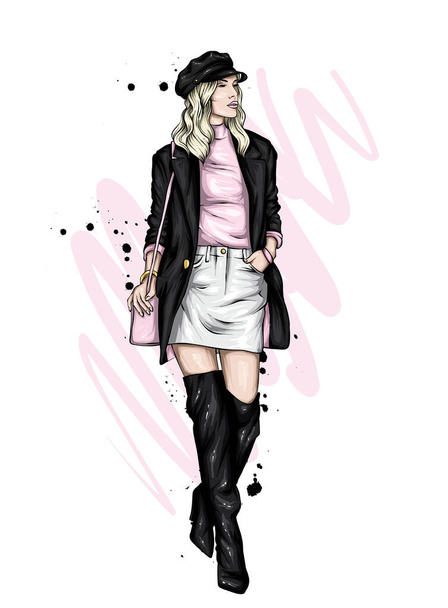 Beautiful girl in a stylish cap, skirt and boots. Fashion and style, clothes and accessories. Fashionable woman. Vector illustration for postcard or poster, print. - Vector, Image