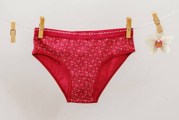 New red panties on clothesline with clothespins and orchid flower in white background. Woman underwear. - Photo, Image