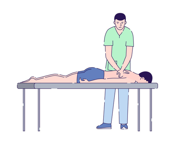 Il medico maschile massaggia un paziente maschio illustrazione vettoriale piatta. Fisioterapia, agopuntura, concetto di riabilitazione. Assistenza medica sanitaria. Isolato personaggio dei cartoni animati su sfondo bianco
. - Vettoriali, immagini