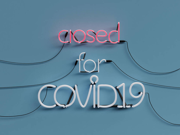 Gesloten voor COVID19 Alert neon grafisch teken met blauwe achtergrond met gesloten woord modus op met rode neon kleur - 3d rendering concept - Foto, afbeelding