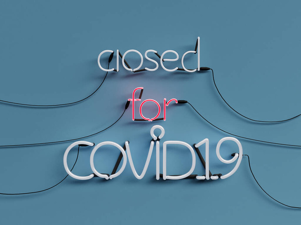 Gesloten voor COVID19 Alert neon grafisch teken met blauwe achtergrond met voor woord modus op met rode neon kleur - 3d rendering concept - Foto, afbeelding