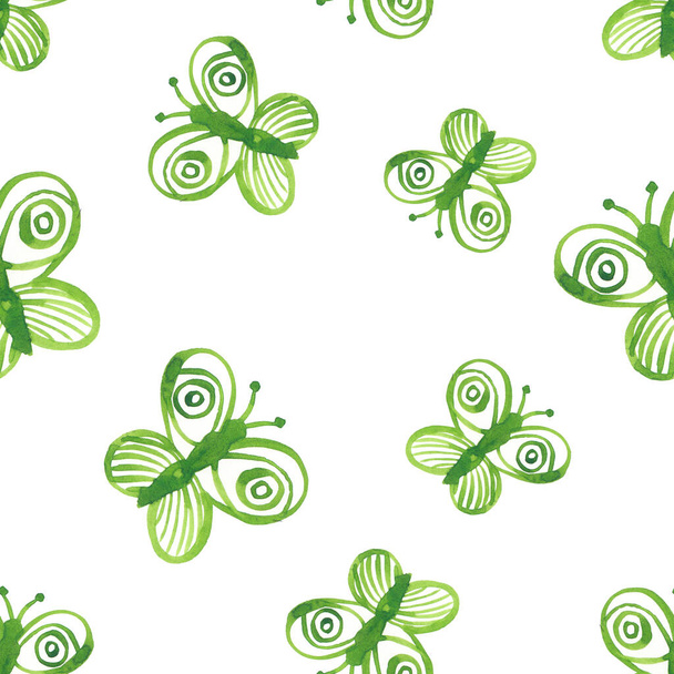 Seamless pattern of green butterfly isolated on white background. Hand-drawn butterfly in a children's style in green watercolor - Foto, Imagem