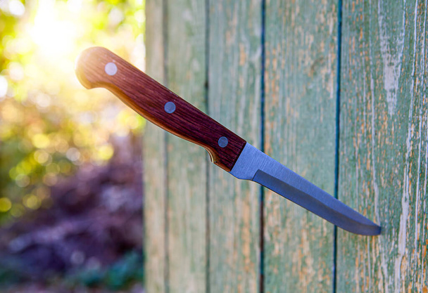 Knife in the Old Wooden Plank outdoor - Foto, afbeelding