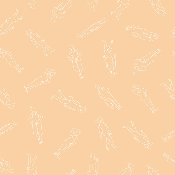 水着のベクトル女性オレンジピーチシームレス繰り返しパターンのホワイトラインアート。織物、カード、製造、壁紙、印刷、ギフトラップやスクラップブッキングの背景. - ベクター画像