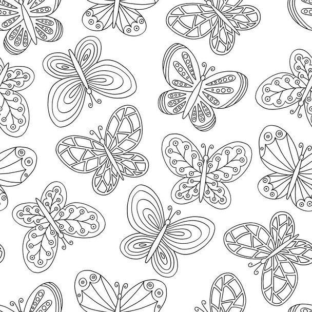 Vector seamless pattern with abstract hand-drawn multicolored butterflies, coloring page for children and adults - Vector, afbeelding