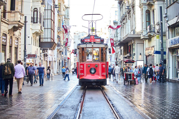 ISTANBUL TURKEY  October 11, 2019  Nostalgic traditional Red Tram in Beyoglu. Tramway line operates on Istiklal Street (popular destination in Istanbul) between Taksim Square and underground railway line - Tunnel.  - Foto, Bild