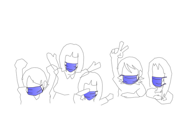 Sketch Cartoon children wearing mask self prevention ill made of fabric on white background for dust and germs pm 2.5, virus covid 19 - Photo, Image