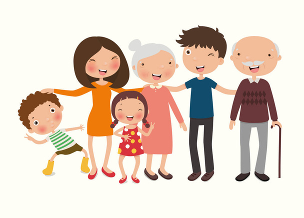 Onnellinen perhe isä, äiti, isovanhemmista, lapset, veli ja sisko, vektori kuvitus tasainen tyyli
 - Vektori, kuva