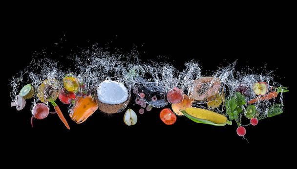 a vízbe hulló gyümölcsök és zöldségek, a frissesség fogalma és az egészséges ételek. fekete háttér, nagy vízcseppek. 3d renderelés - Fotó, kép