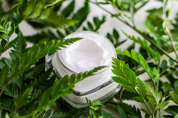 Gesichtscreme Feuchtigkeitscreme Glas im grünen Garten, natürliche pflanzliche Hautpflege Kosmetik und Bio-Anti-Aging-Produkt für Gesundheit und Schönheit Marke - Foto, Bild