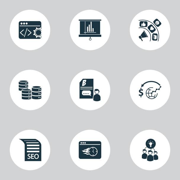 Analytics icons set with brainstorming, SEO guide, code optimization and other manual elements. Isolated vector illustration analytics icons. - Vector, Image