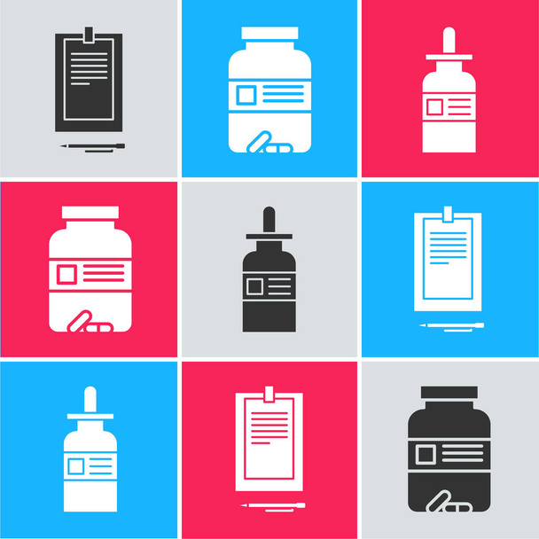 Set Clipboard with document, Medicine bottle and pills and Glass bottle with a pipette icon. Vector - Vector, Image