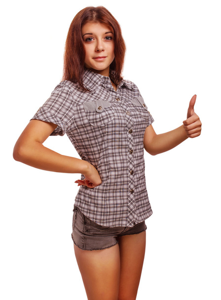 Mulher feliz jovem mostra sinal positivo polegares sim, camisa sho
 - Foto, Imagem