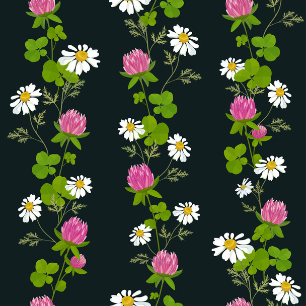 Pionowy wzór dzikich kwiatów różowej koniczyny i rumianku. Płynne tło. Wektor - Wektor, obraz