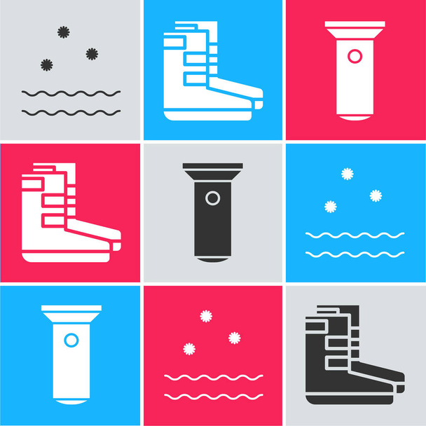Set Cold and waves, Boots and Flashlight icon. Vector - Vector, Image