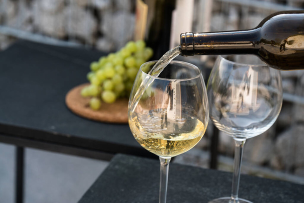 fehérbor öntése a poharakba, szőlővel a háttérben - Fotó, kép