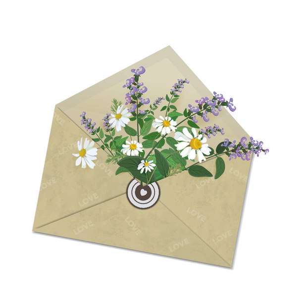 Ein Strauß Narzissen in einem offenen Briefumschlag mit der Aufschrift Liebe. Vektorillustration - Vektor, Bild