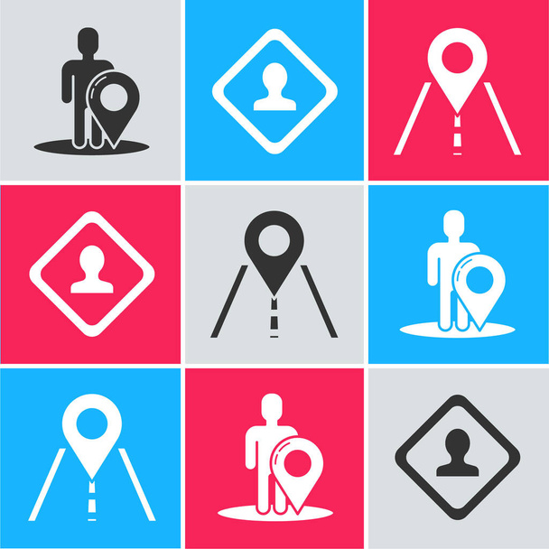 Imposta il marcatore della mappa con la sagoma di una persona, il segnale stradale e l'icona del segnale stradale. Vettore
 - Vettoriali, immagini