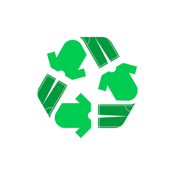 Reciclar símbolo de vestuário. Símbolo de reciclagem verde com camiseta e jeans. Estilo de vida sustentável e manufatura ecológica. Zero conceito de desperdício. Banco de roupas. Ilustração vetorial, estilo plano, clip art
 - Vetor, Imagem