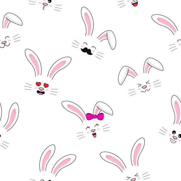 Komik tavşan koleksiyonu, kusursuz desen. Sevimli tavşanlar. Bir sürü çizgi film hayvanı. Vektör illüstrasyonu beyaz arkaplanda izole edildi.  - Vektör, Görsel