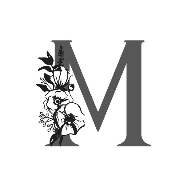 Vector flower alphabet. Design of letter M. Decoration of wedding invitations, cards, business cards of florists. Large delicate flowers in a ink style - Vetor, Imagem