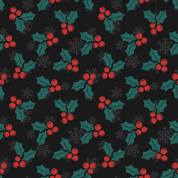  Vector seamless pattern with christmas holly berries; black background with snowflakes; Christmas design for greeting card, gift box, wallpaper, wrapping paper, fabric, web design. - Vector, Image
