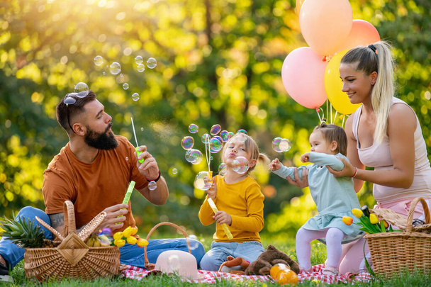Happy family in the park together on a sunny day-they are blow soap bubbles.Family is enjoying a day in the park.Mother,father and children picnicking in park. - Фото, зображення