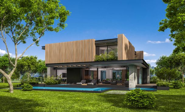 3d rendering of modern cozy house with parking and pool for sale or rent with wood plank facade and beautiful landscaping on background. Clear sunny summer day with blue sky. - Photo, Image