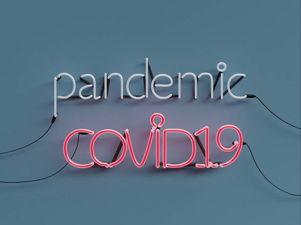 Pandemische COVID19 waarschuwing neon grafisch bord met blauwe achtergrond met COVID19 woord modus op met rode neon kleur - 3d rendering concept - Foto, afbeelding