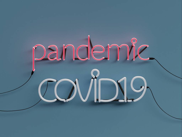 Salgın COVID19 uyarı işareti mavi arkaplan ile pandemik kelime modu ile kırmızı neon rengi - 3d renkte oluşturma konsepti - Fotoğraf, Görsel