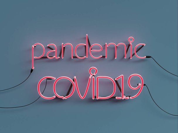 Pandemische COVID19 waarschuwing neon grafisch bord met blauwe achtergrond modus op met rode neon kleur - 3d rendering concept - Foto, afbeelding