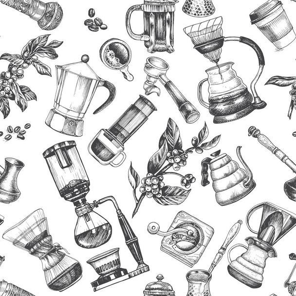 vector Illustration seamless pattern with alternative ways of brewing coffee - Vector, Imagen