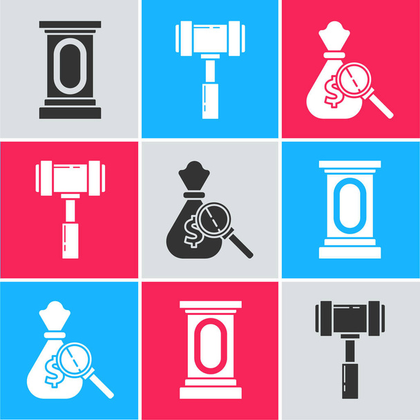Set Stage stand or debate podium rostrum, Judge gavel and Money bag and magnifying glass icon. Vector - Vector, Image