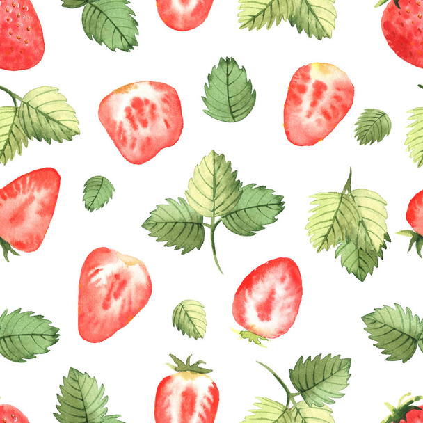 Seamless pattern of strawberries and leaves, in watercolor style. On white background - Фото, зображення
