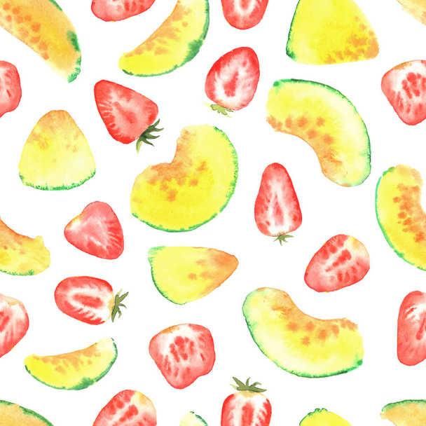 Seamless pattern with strawberries and melons, in watercolor style, on a white background - Photo, Image
