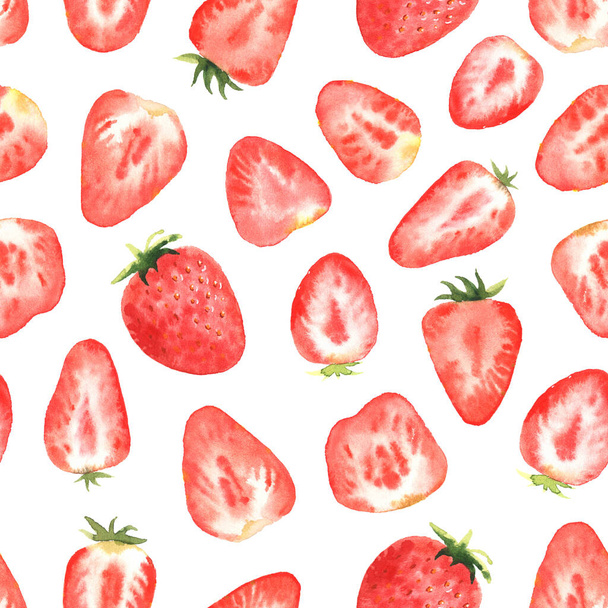 Seamless pattern with strawberry, in watercolor style, on white background - Photo, Image