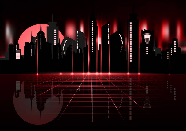 Night City Skyline 'lı 80' lerin Retro bilim kurgu geçmişi. 1980 'lerin poster tarzında vektör sentetik retro dalga illüstrasyonu. 80 'lerde, 90' larda herhangi bir baskı tasarımı için uygun. - Vektör, Görsel