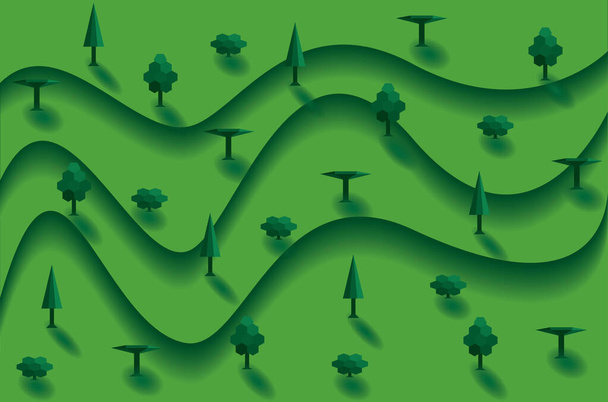 Relief-Landschaft mit Terrassen und Bäumen. Abstrakter grüner Hintergrund mit Ebenen. Vektorillustration - Vektor, Bild