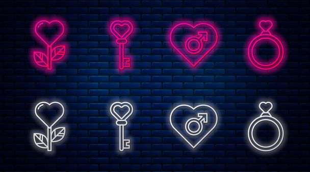 Set line Key in heart shape, Heart with male gender, Heart shape in a flower and Wedding rings. Glowing neon icon on brick wall. Vector - Vector, Image
