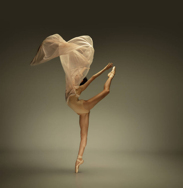 Young graceful tender ballerina on grey studio background - Foto, Imagem