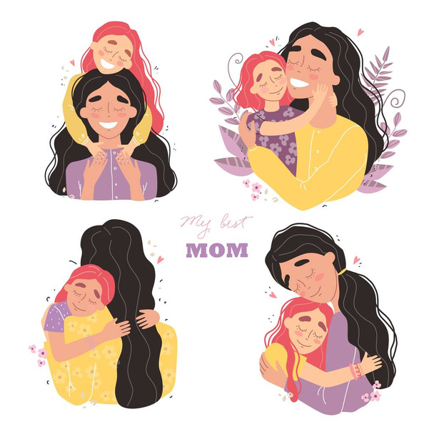 Beautiful young woman and her charming little daughter. Girl hugs mom and smiles. Vector illustration in trendy style. Set of illustrations for mothers day - Vector, Imagen