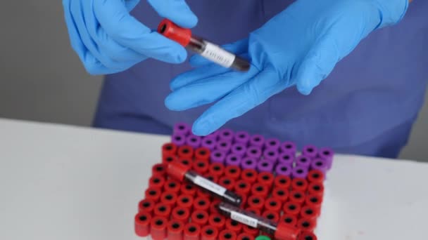 研究室でcovid-19をチェックするための試験管内で血液を保持する研究者 - 映像、動画