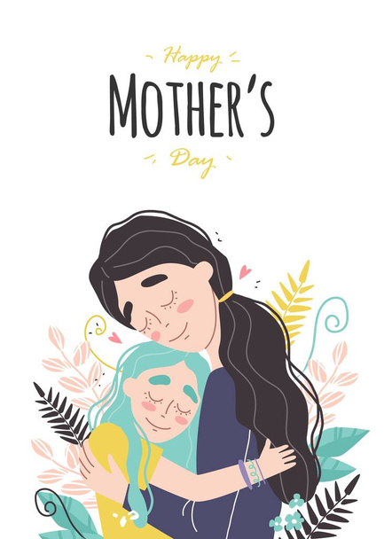 Mothers day greeting card. Mom and girl are smiling and hugging. Family holiday and togetherness. Vector eps 10 - Vector, afbeelding