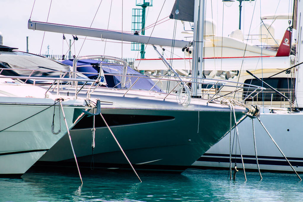 Limassol Cyprus March 17, 2020 Closeup of boats moored in the marina of Limassol in the afternoon - Photo, Image