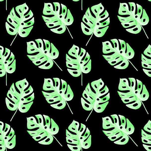 Nahtloses Muster tropischer Monsterblätter auf schwarzem Hintergrund. Gouache handgezeichnete Illustration. Kann als Packpapier, Hintergrund, Stoffdruck, Webseitenhintergrund, Tapete, Textil verwendet werden... - Foto, Bild
