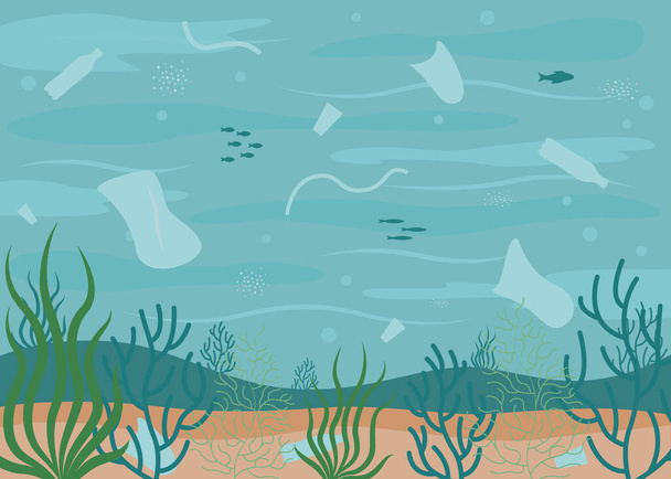 Water pollution, underwater trash. Plastic waste, bottles and bags in water. Ecological problems. Seascape. Vector illustration flat style - Vector, Image