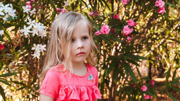 Portrait of a little girl near pink flowers - Φωτογραφία, εικόνα