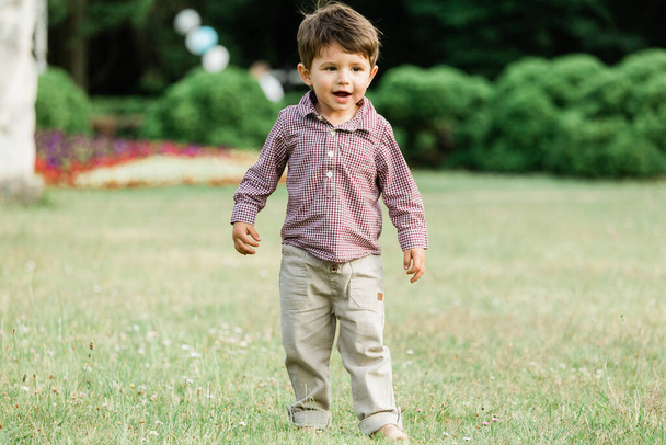 Cute little boy having fun in summer park. Happy child outdoors - Fotoğraf, Görsel