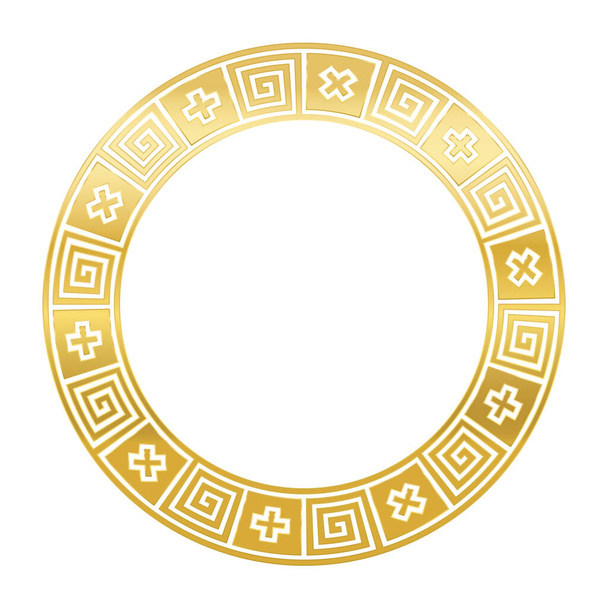 古典的な黄金のギリシャ語の蛇行、円のフレームは、シームレスな平均パターンで作られた。平均と装飾的な境界線と黒の正方形で交差します。ギリシャの貨物か鍵だメアンドロス。白の上のイラスト. - ベクター画像