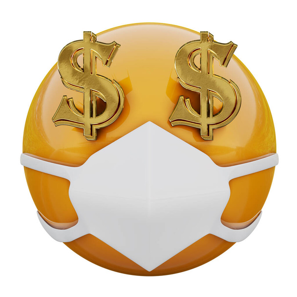 3D vykreslení žluté emoji tváře s dolary za oči a lékařskou maskou chránící před koronavirem 2019-nCoV, MERS-nCoV, sars, ptačí chřipkou a dalšími viry, bakteriemi a nakažlivými chorobami. - Fotografie, Obrázek